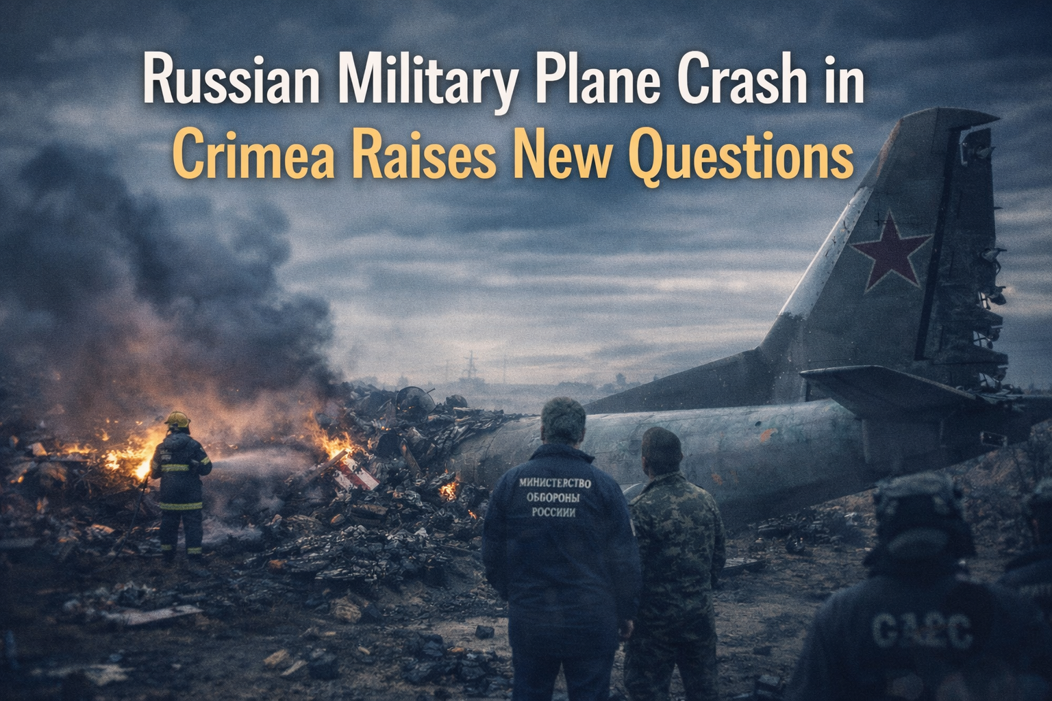 Wide banner showing the Russian military plane crash in Crimea with a somber crash-site scene, wreckage, and an atmosphere of investigation.