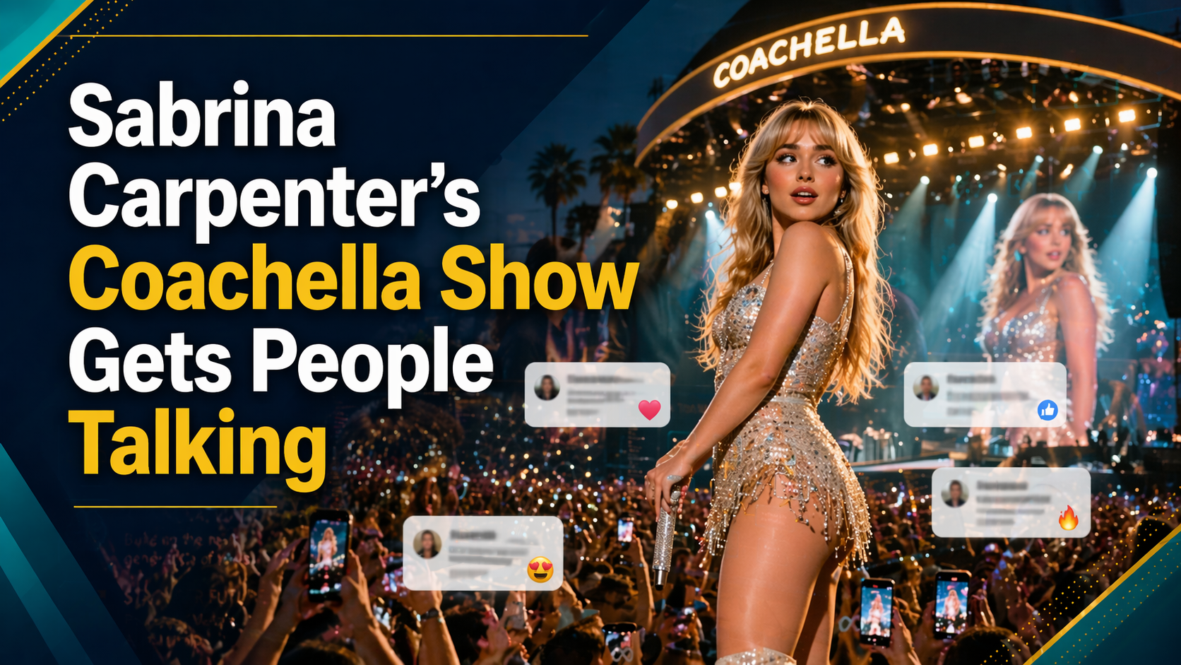 Wide entertainment news banner for Sabrina Carpenter Coachella show, showing a stylish music festival stage, crowd, lights, and online reaction visuals.