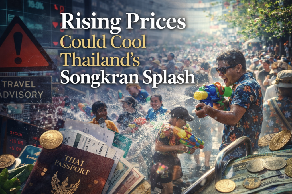 Wide editorial banner showing Songkran festival spending under pressure in Thailand, blending festive water celebrations with subtle economic and travel cost visuals.