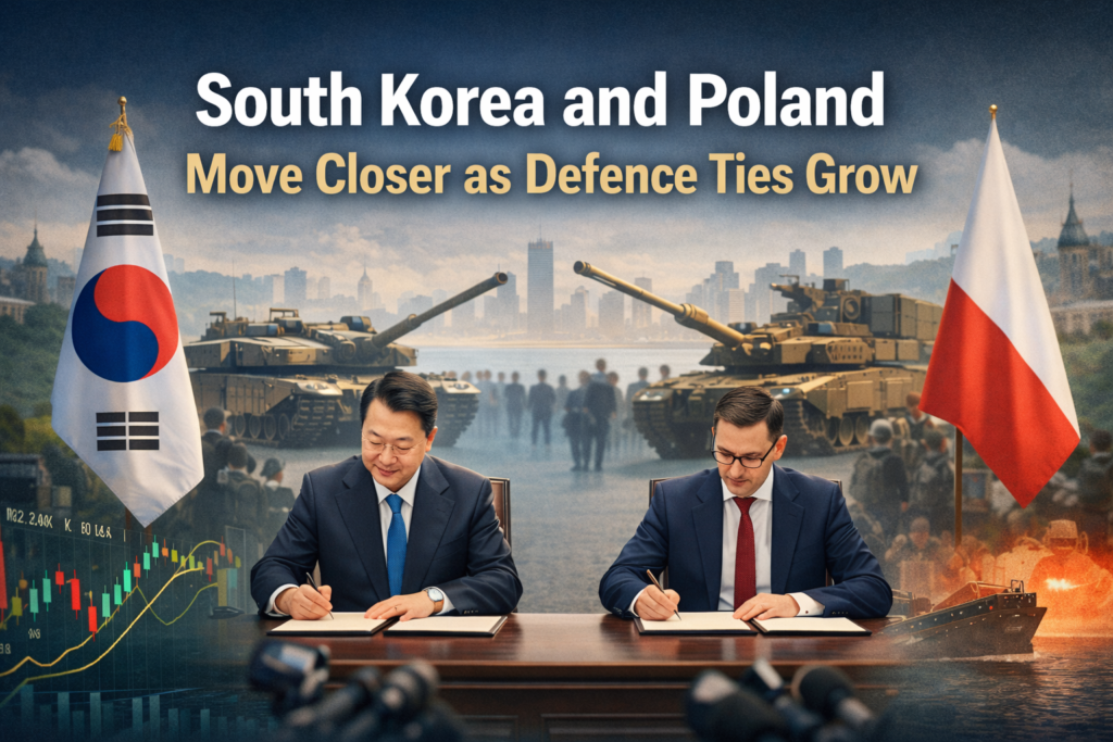 Wide international affairs banner showing South Korea Poland ties through diplomatic imagery, defence cooperation, and strategic partnership visuals.