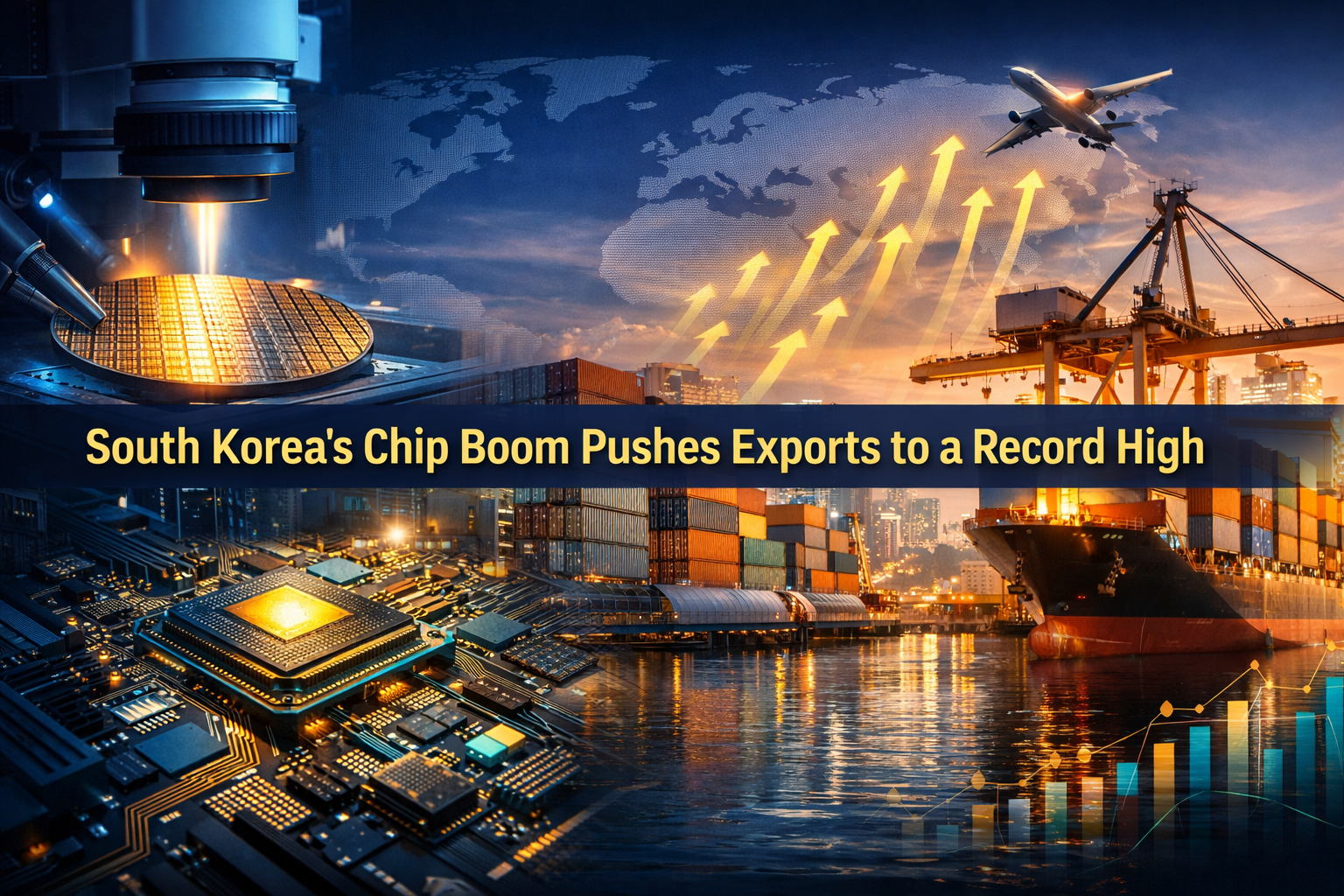 Wide banner showing the South Korea chip boom with semiconductor production, export logistics, and strong global trade growth.