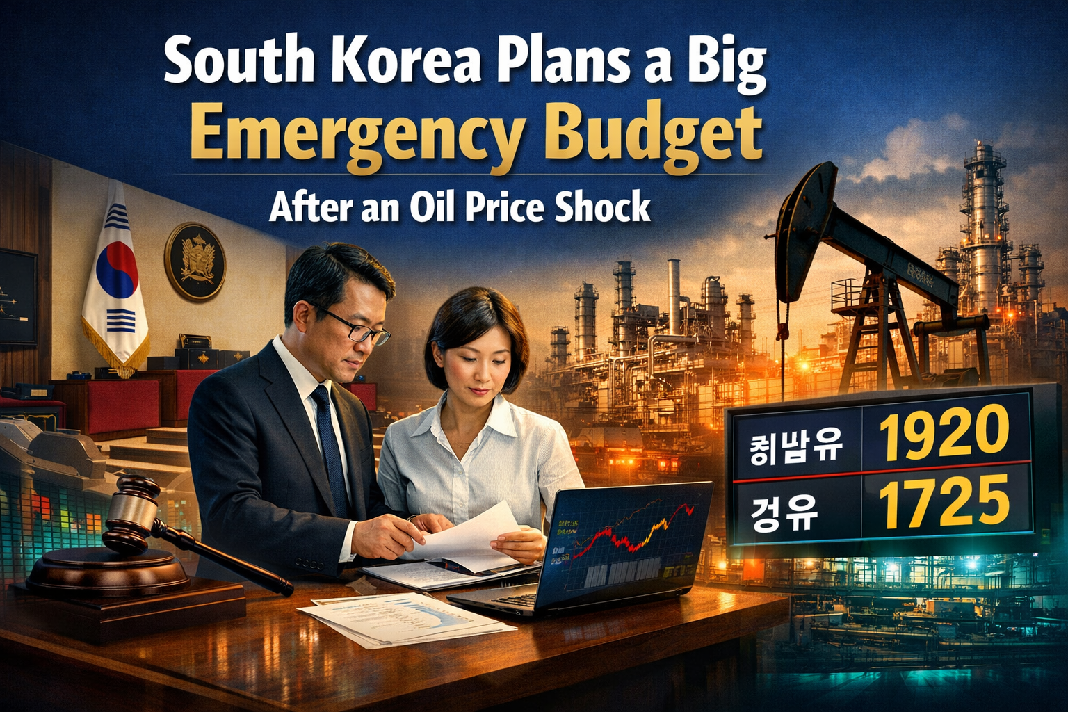 Wide banner showing South Korea officials and energy-market visuals as the South Korea extra budget responds to an oil price shock.