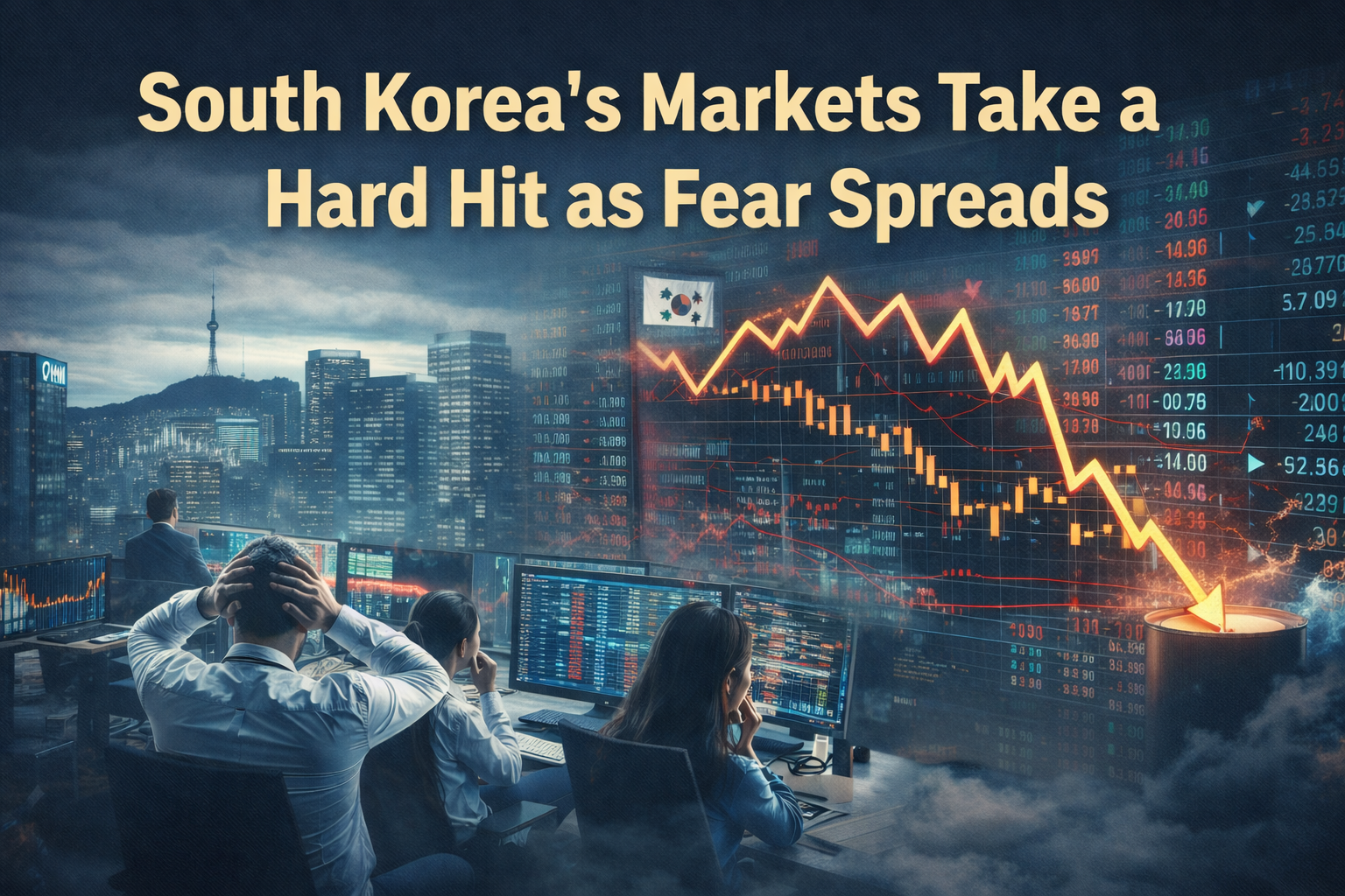 Wide banner illustrating South Korea stocks sell off with falling market charts, Korean financial visuals, and investor anxiety in a premium business-news style.