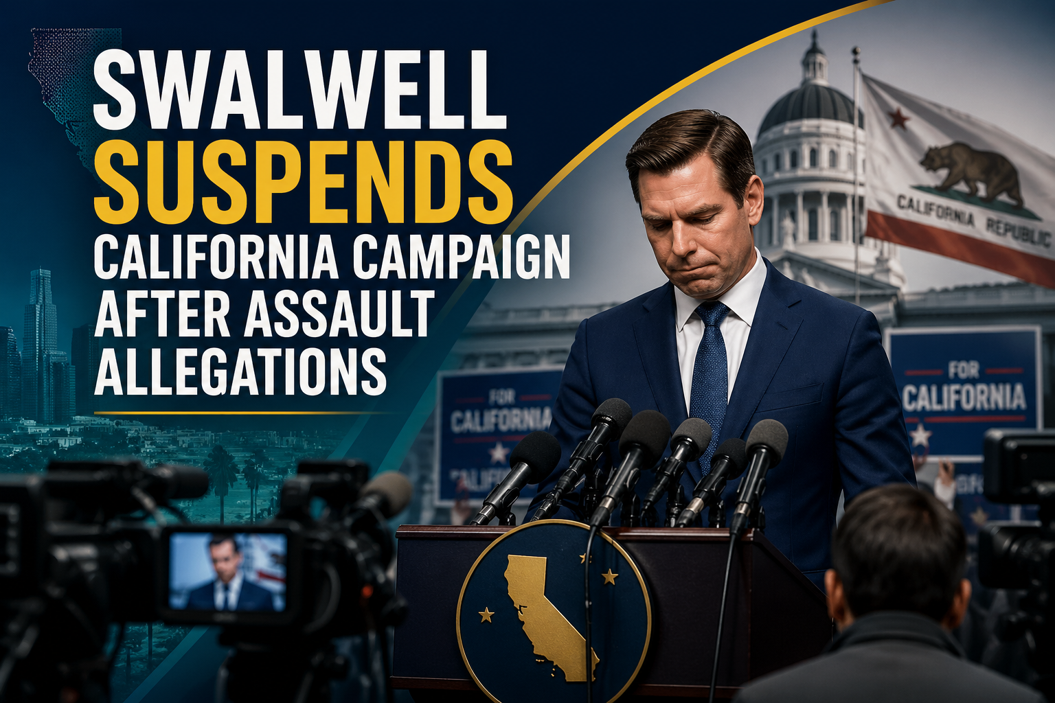 Wide political news banner for Swalwell suspends California campaign, showing a campaign podium, media cameras, and California political pressure after assault allegations.