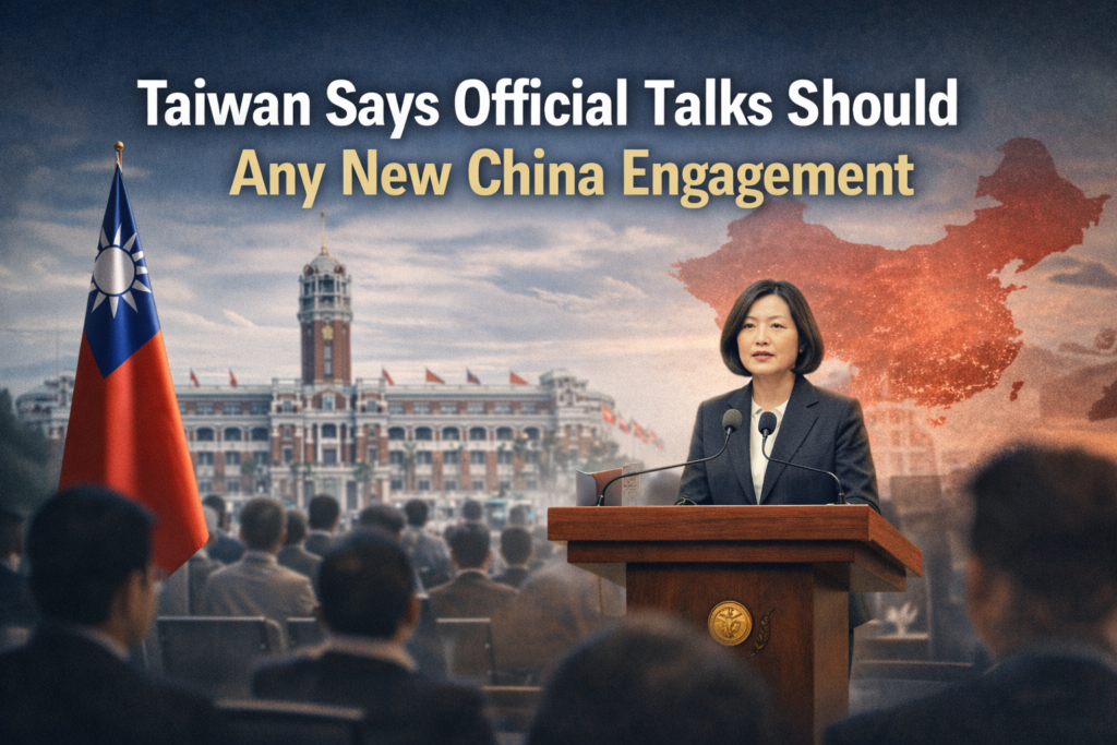 Wide geopolitical news banner showing Taiwan China engagement through official diplomacy imagery, cross-strait tension, and government-led talks.