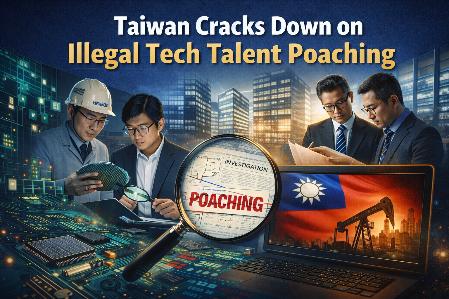 Wide banner showing Taiwan semiconductor professionals and investigators as the Taiwan Tech Talent Probe targets illegal recruiting and tech poaching.