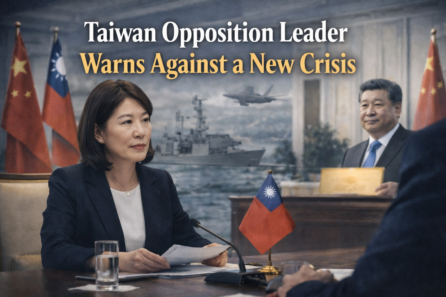 Wide geopolitical news banner showing the Taiwan crisis warning through diplomatic imagery, cross-strait tension, and a serious international setting.