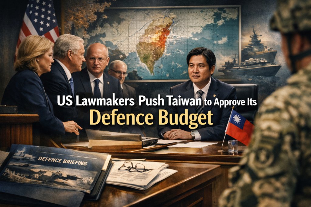 Wide editorial news banner showing the Taiwan defence budget debate with U.S. lawmakers, diplomatic tension, and a formal East Asia security setting.