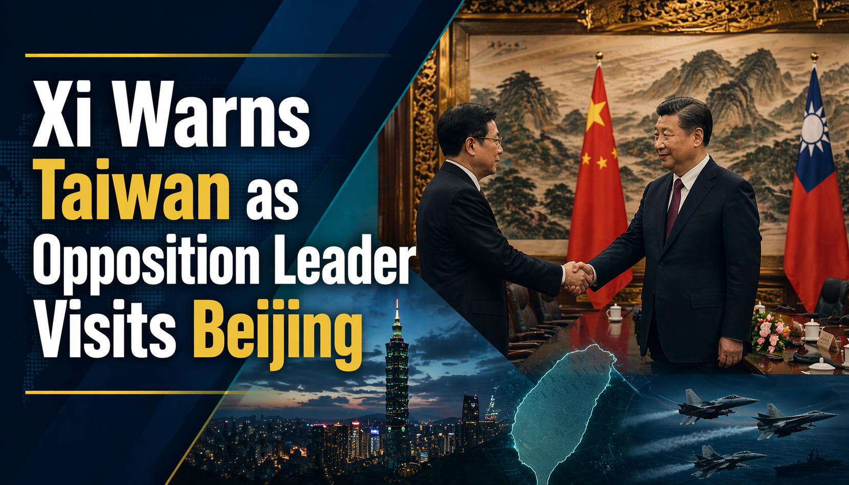 Wide geopolitical news banner for the Taiwan opposition leader meeting, showing a formal Beijing political setting with cross-strait tension and diplomatic symbolism.
