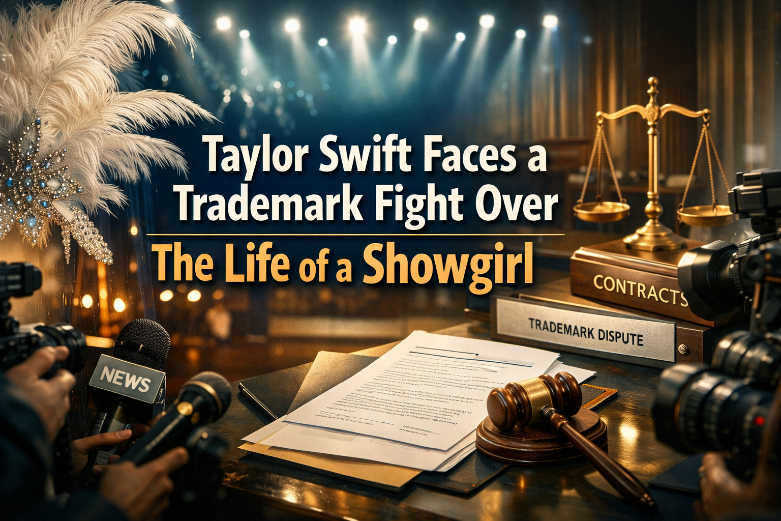 Wide entertainment-law banner illustrating the Taylor Swift showgirl lawsuit with stage glamour, branding conflict, and legal dispute visuals.