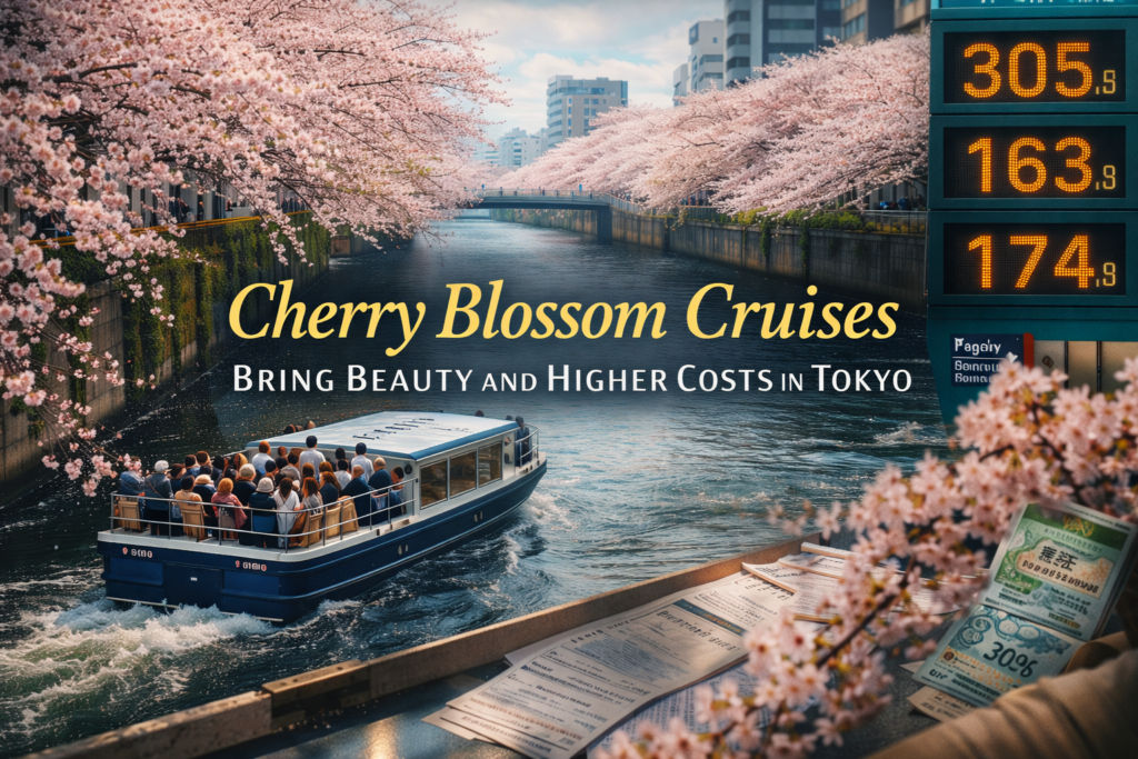 Wide banner illustrating Tokyo cherry blossom cruises on the Meguro River with spring blossoms, sightseeing boats, and a subtle business-cost theme.