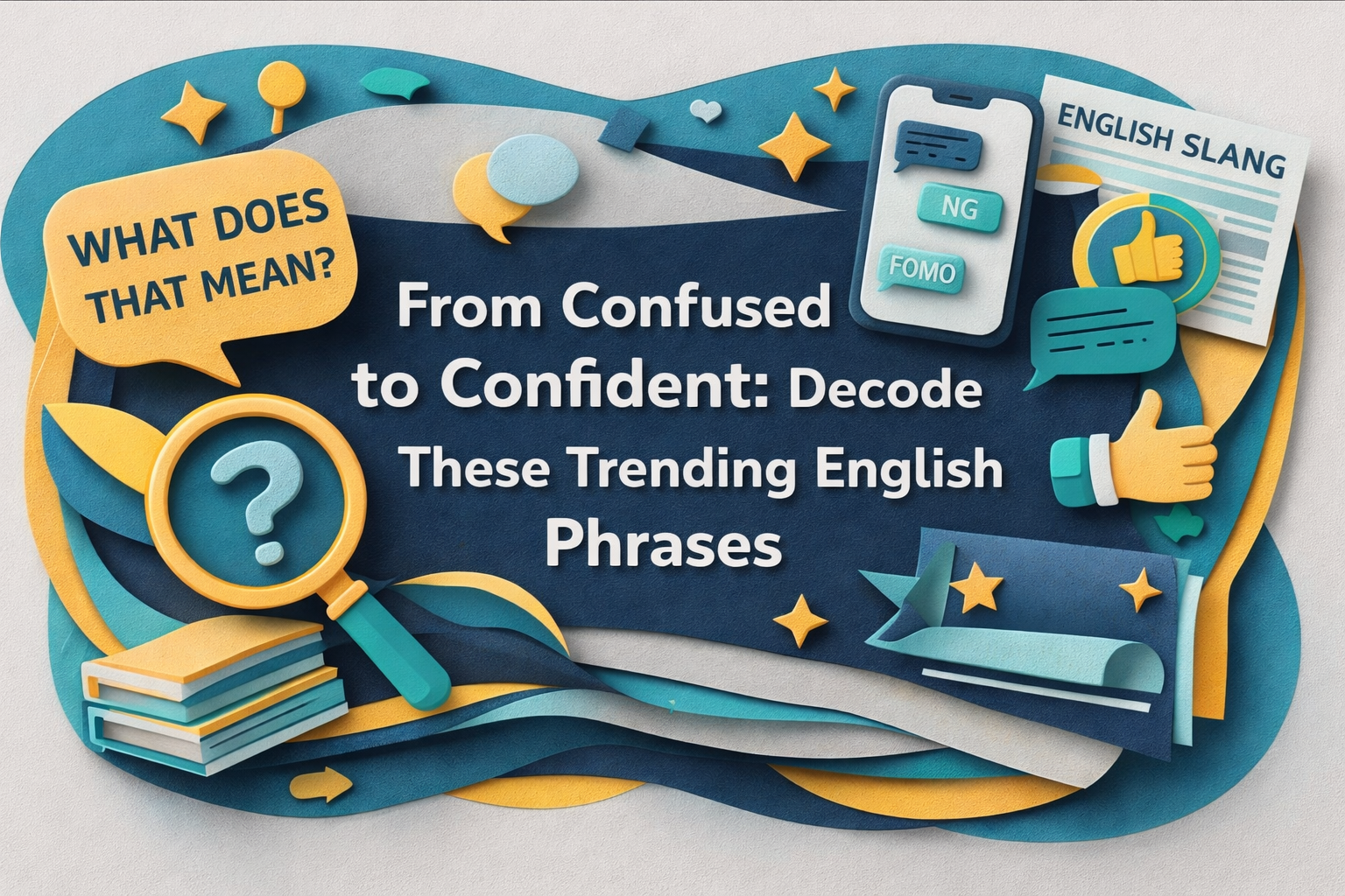 Wide 3D paper cut art banner for trending English phrases, featuring the title “From Confused to Confident: Decode These Trending English Phrases” with speech bubbles, a smartphone, books, and modern communication icons in navy blue, soft gold, teal, and light gray.