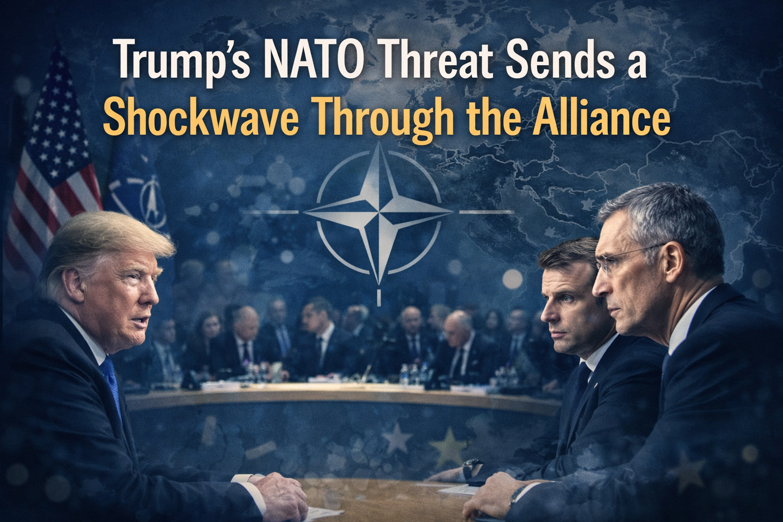 Wide banner illustrating the Trump NATO exit threat with a tense alliance setting, diplomatic visuals, and high-stakes trans-Atlantic uncertainty.