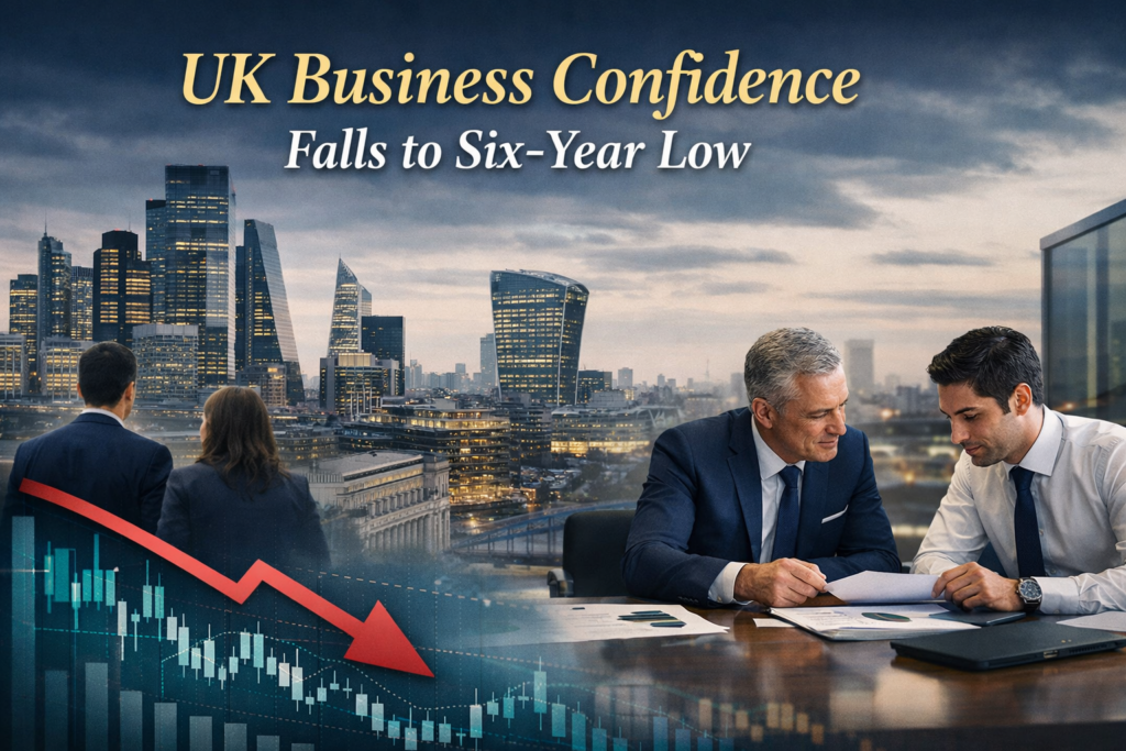 Wide financial news banner showing UK business confidence falling, with London business visuals, finance professionals, and subtle market uncertainty imagery.