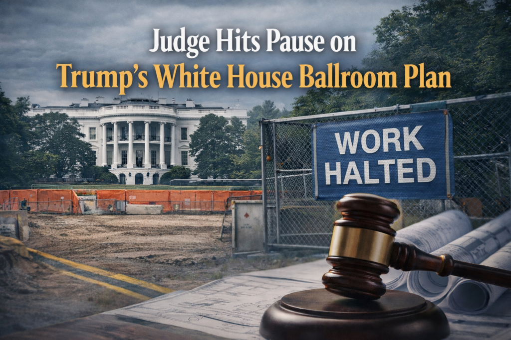 Wide political news banner illustrating the White House ballroom halt with the White House, legal symbolism, and a paused construction theme.
