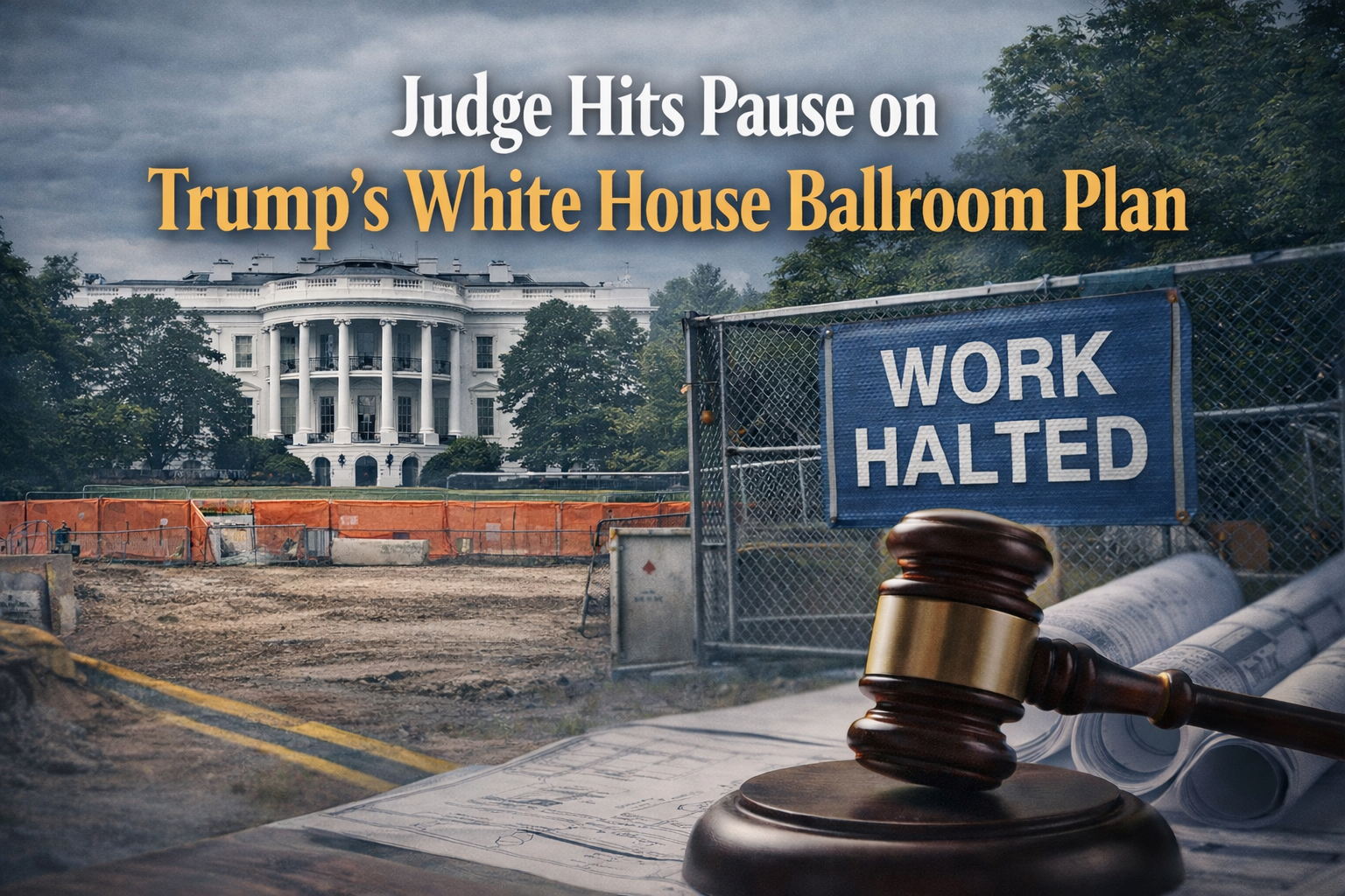 Wide political news banner illustrating the White House ballroom halt with the White House, legal symbolism, and a paused construction theme.