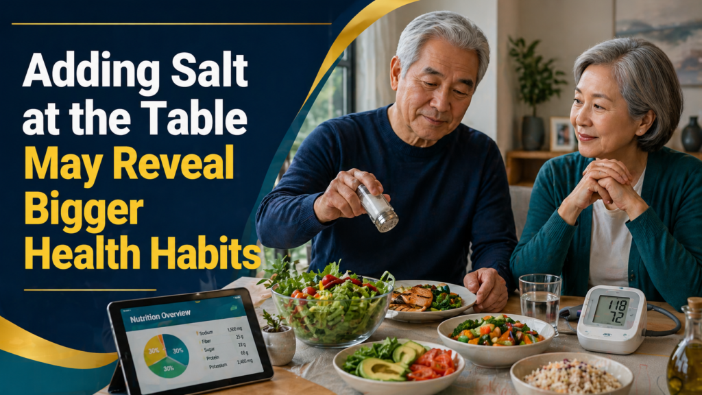 Wide health news banner for adding salt at the table, showing an older adult dinner scene with a saltshaker and healthy food choices.