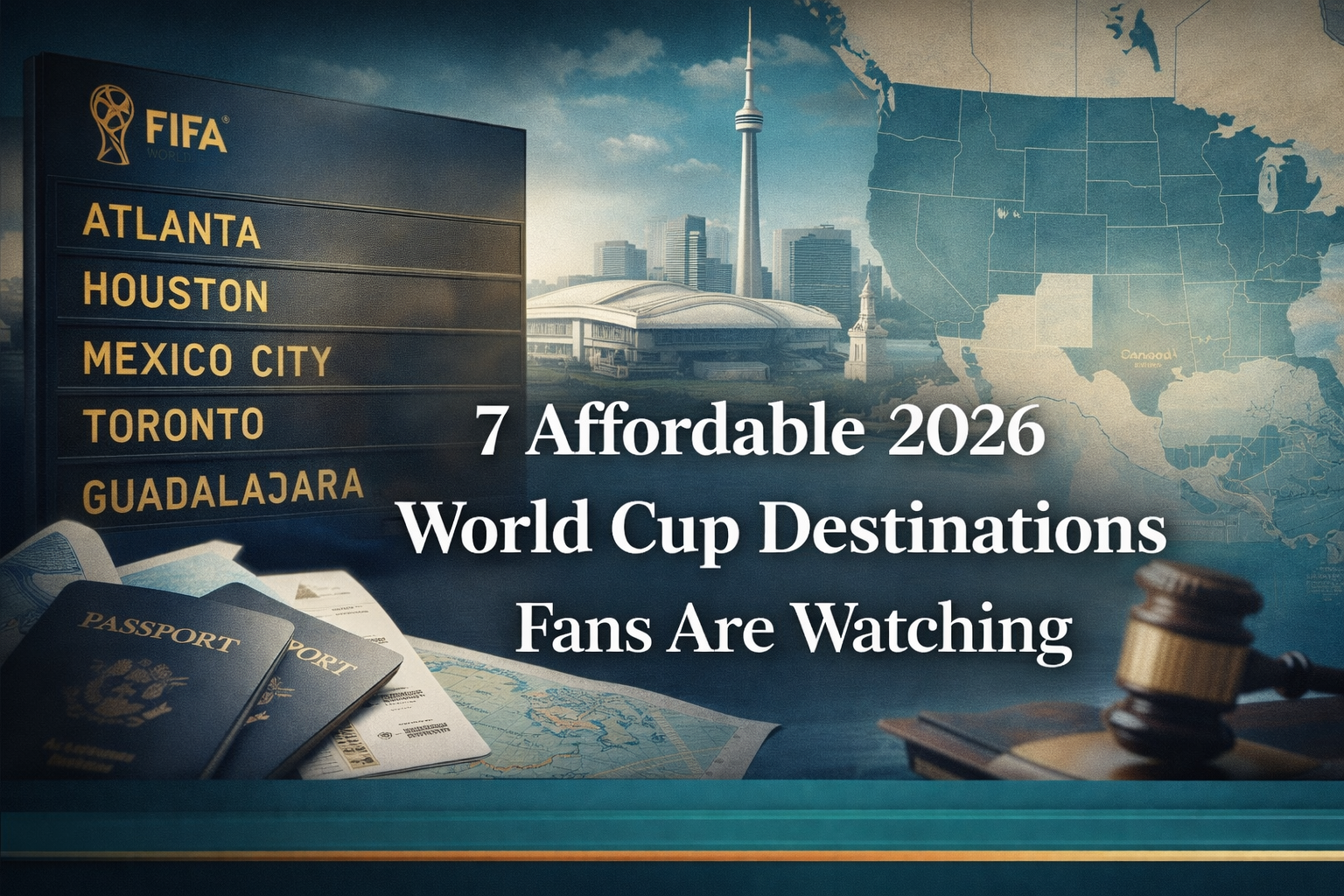 Wide sports-travel banner showing affordable World Cup destinations with North America travel imagery, stadium visuals, and smart trip-planning details.
