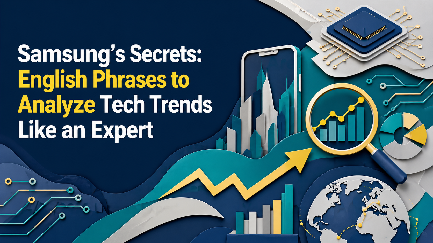 Wide 3D paper cut banner for “Samsung’s Secrets,” showing microchips, charts, a smartphone, and global tech visuals to help learners analyze tech trends in English.