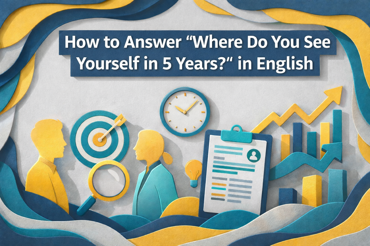 Wide 3D paper cut banner illustrating how to answer interview future plans in English, featuring professional interview visuals with navy blue, gold, teal, and gray layered design.