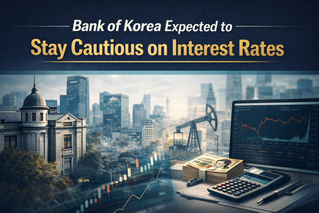 Wide financial news banner for the bank of korea rate, showing a South Korea economic scene with central bank and market uncertainty visuals in a premium editorial style.