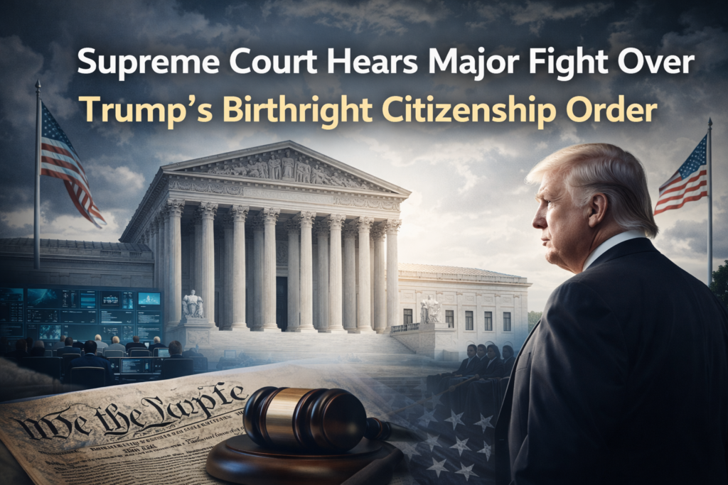 Wide banner showing the U.S. Supreme Court during a major birthright citizenship case involving Trump’s executive order and constitutional debate.