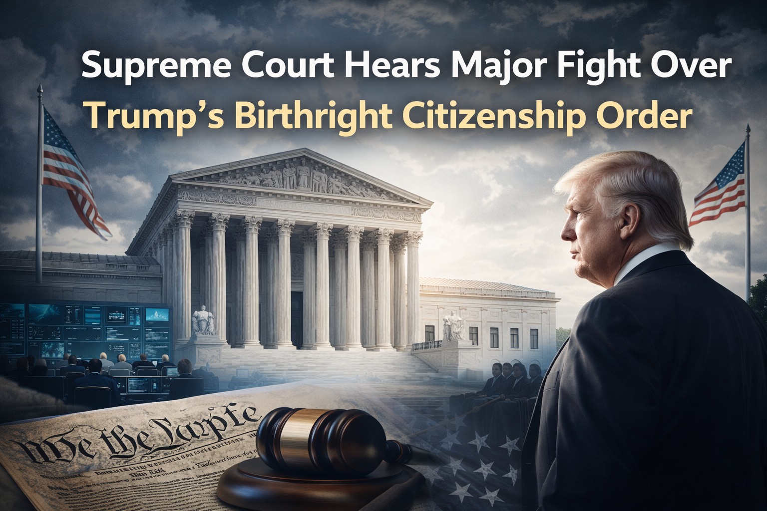 Wide banner showing the U.S. Supreme Court during a major birthright citizenship case involving Trump’s executive order and constitutional debate.