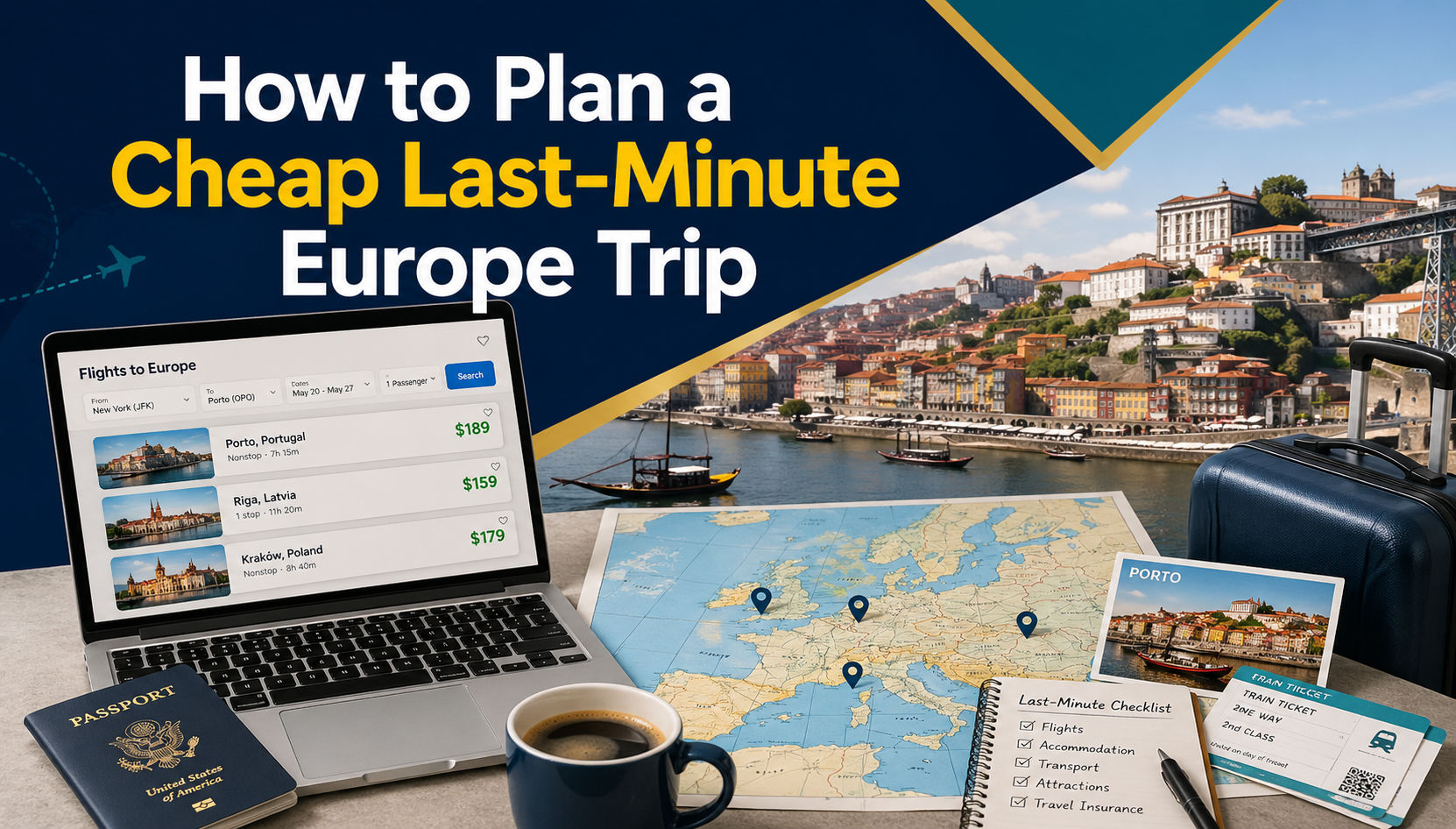 Wide travel planning banner for a cheap Europe trip, showing a laptop flight search, Europe map, passport, suitcase, and budget-friendly city travel cues.