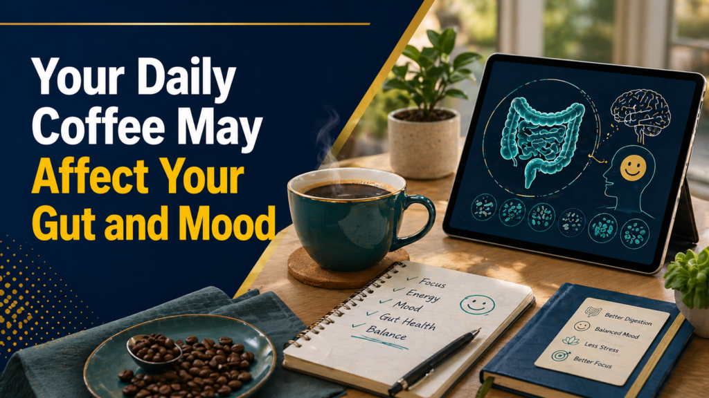 Wide health news banner for coffee gut health, showing daily coffee with subtle gut, mood, microbiome, and focus visuals in a clean professional setting.