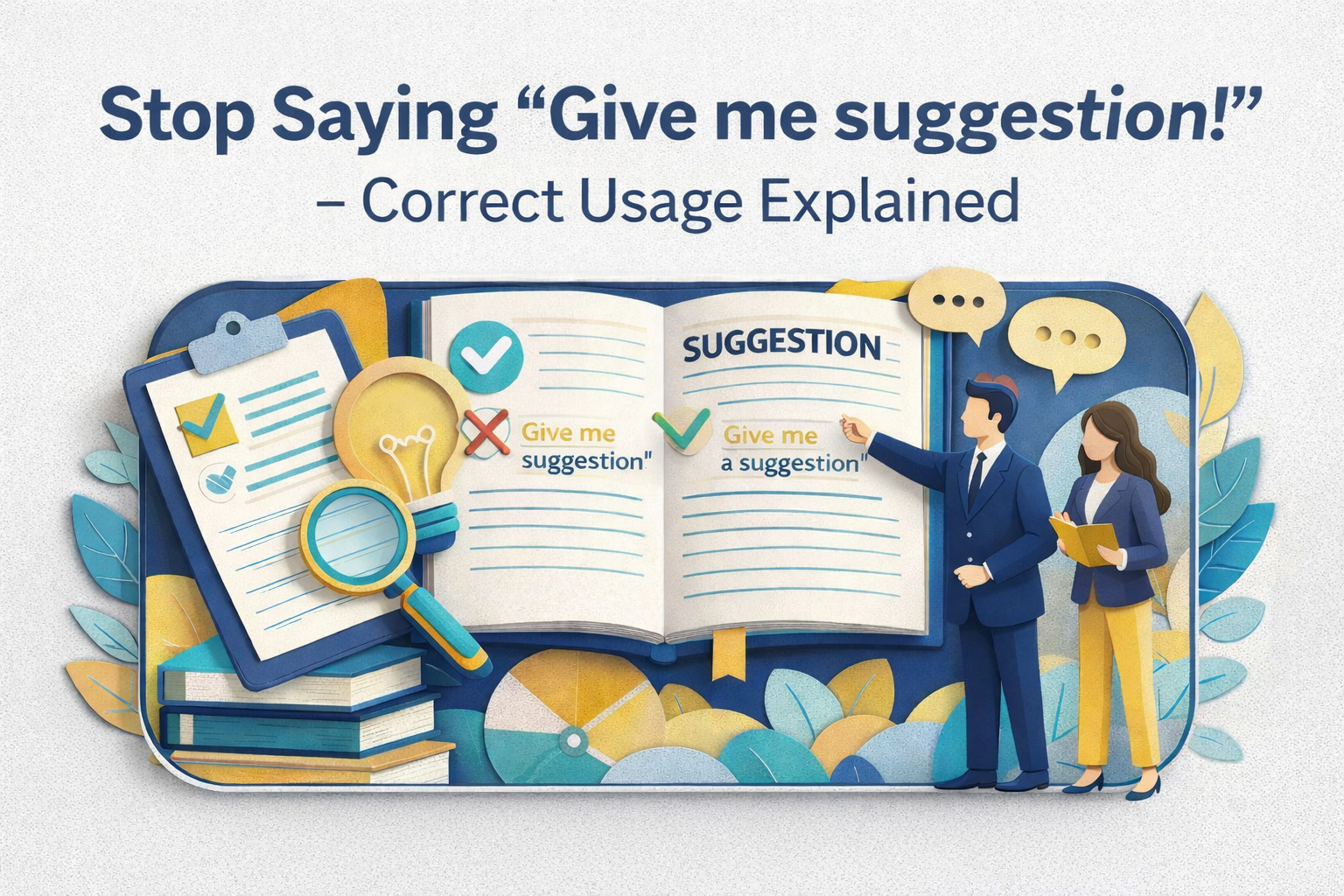 Wide banner in 3D paper cut style showing grammar correction visuals for correct usage explained, featuring “Stop Saying ‘Give me suggestion!’ – Correct Usage Explained” in navy blue and gold professional design.