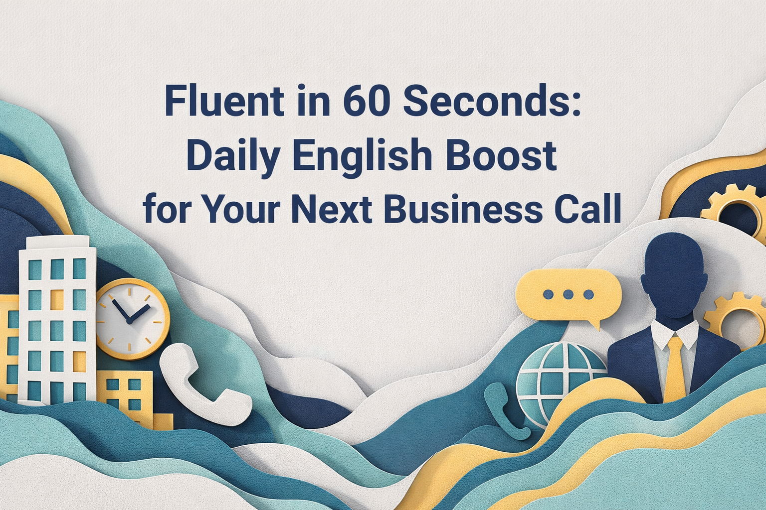 Wide 3D paper cut art banner for Fluent in 60 Seconds: Daily English Boost for Your Next Business Call, showing business call icons, an office skyline, a clock, and a professional figure in navy blue, soft gold, teal, and light gray, illustrating a daily English boost for confident business communication.