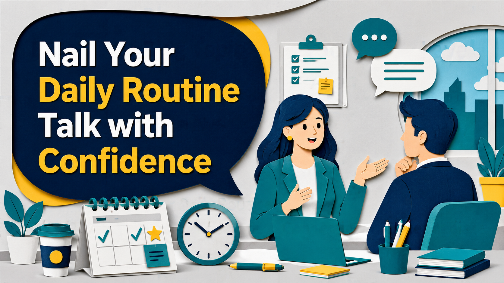 3D paper cut banner for daily routine talk, showing professionals having a confident workplace conversation with a calendar, clock, planner, and speech bubbles.