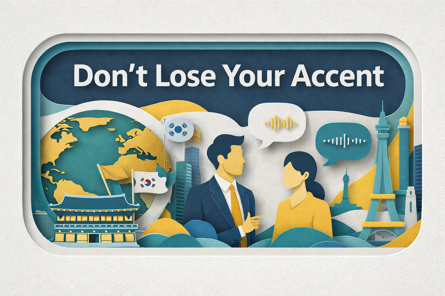 Wide 3D paper cut art banner for “Don’t Lose Your Accent,” showing diverse professionals speaking confidently with global and Korean-inspired visuals in navy blue, soft gold, teal, and light gray.