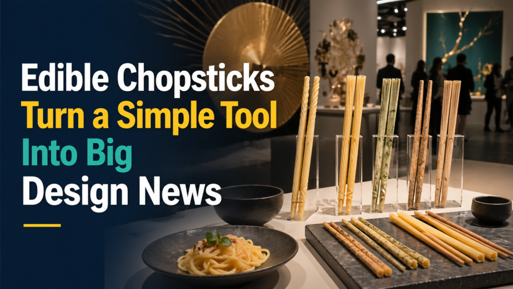 Wide design news banner for edible chopsticks design, showing creative chopsticks in a Milan-style exhibition with food-design and East Asian cultural elements.