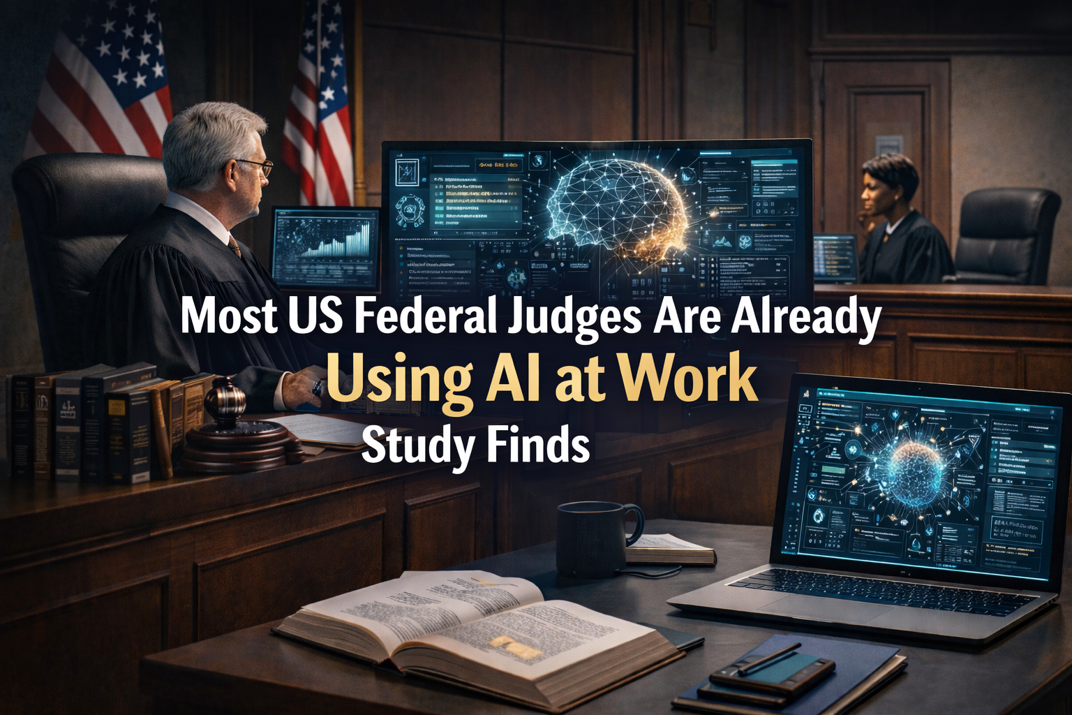 Wide legal-tech banner showing federal judges using AI in a modern courtroom or judicial office with digital research and law imagery.
