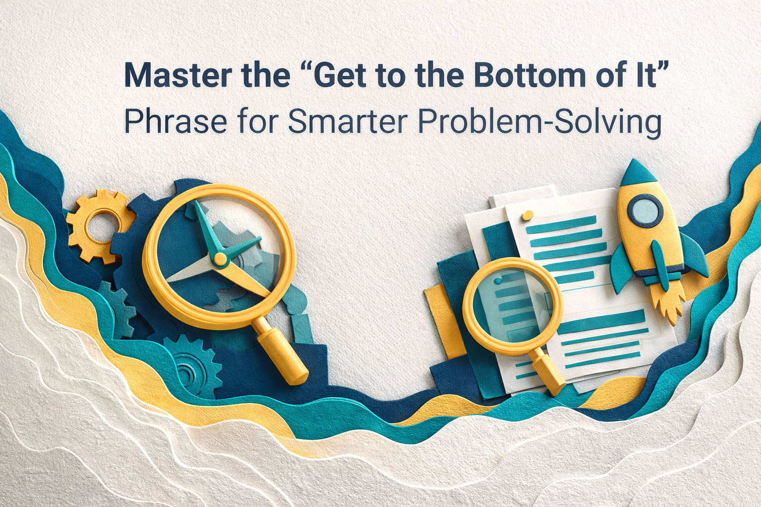 Wide 3D paper cut banner for get to the bottom of it, showing magnifying glasses, gears, documents, and a rocket in navy blue, soft gold, teal, and light gray for smarter problem-solving.