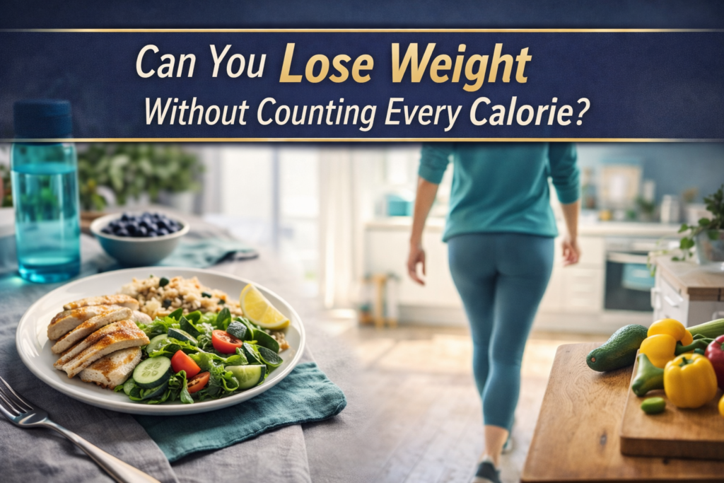 Wide health editorial banner showing healthy weight loss through simple whole foods, daily movement, and sustainable wellness habits.