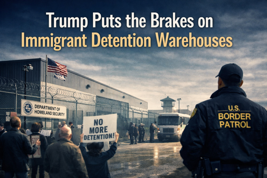 Wide banner showing immigrant detention warehouses in a serious U.S. policy setting with industrial buildings, security cues, and public controversy.