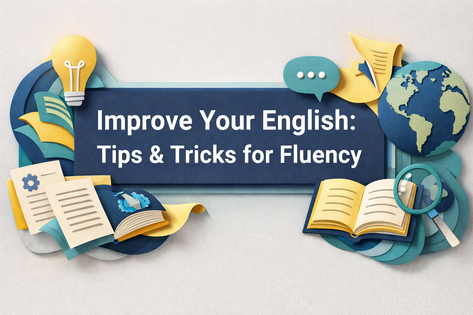 Wide 3D paper cut banner for “Improve Your English: Tips & Tricks for Fluency,” featuring books, documents, a lightbulb, a speech bubble, a globe, and a magnifying glass in navy, gold, teal, and light gray to represent improve English fluency.
