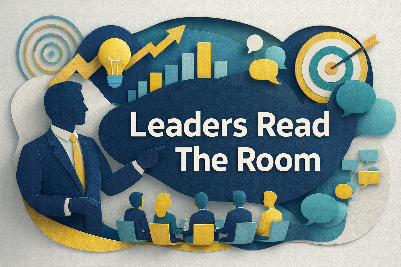 Wide banner image for “Leaders Read The Room” in 3D paper cut art style, showing a confident business leader, a team meeting, speech bubbles, charts, and target icons in navy blue, soft gold, teal, and light gray, illustrating how leaders read the room in professional communication.