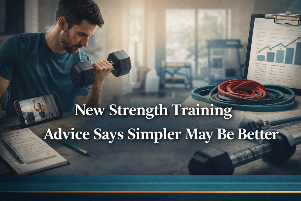 Wide fitness editorial banner showing new strength training guidelines through practical exercise, simple resistance training, and a modern wellness setting.