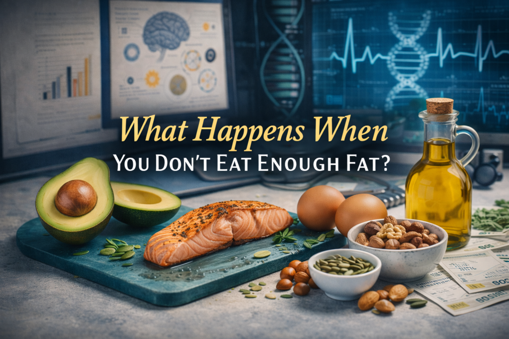 Wide banner illustrating not enough healthy fat with nutrient-rich foods like eggs, salmon, avocado, and olive oil in a modern health editorial scene.