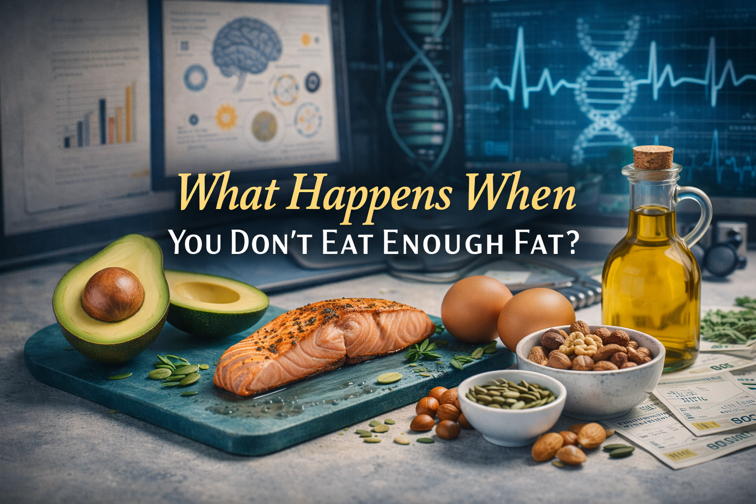 Wide banner illustrating not enough healthy fat with nutrient-rich foods like eggs, salmon, avocado, and olive oil in a modern health editorial scene.