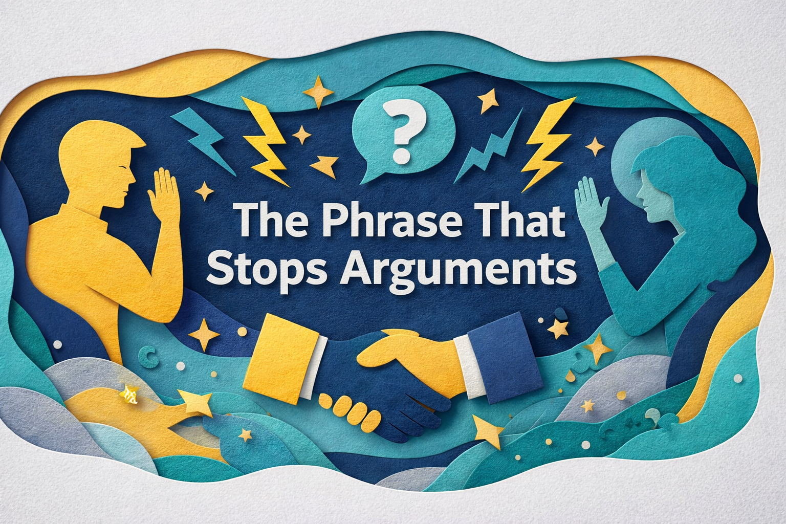 Wide banner image for The Phrase That Stops Arguments in 3D paper cut art style, showing the phrase that stops arguments with two professionals in conflict moving toward understanding through calm, respectful communication.