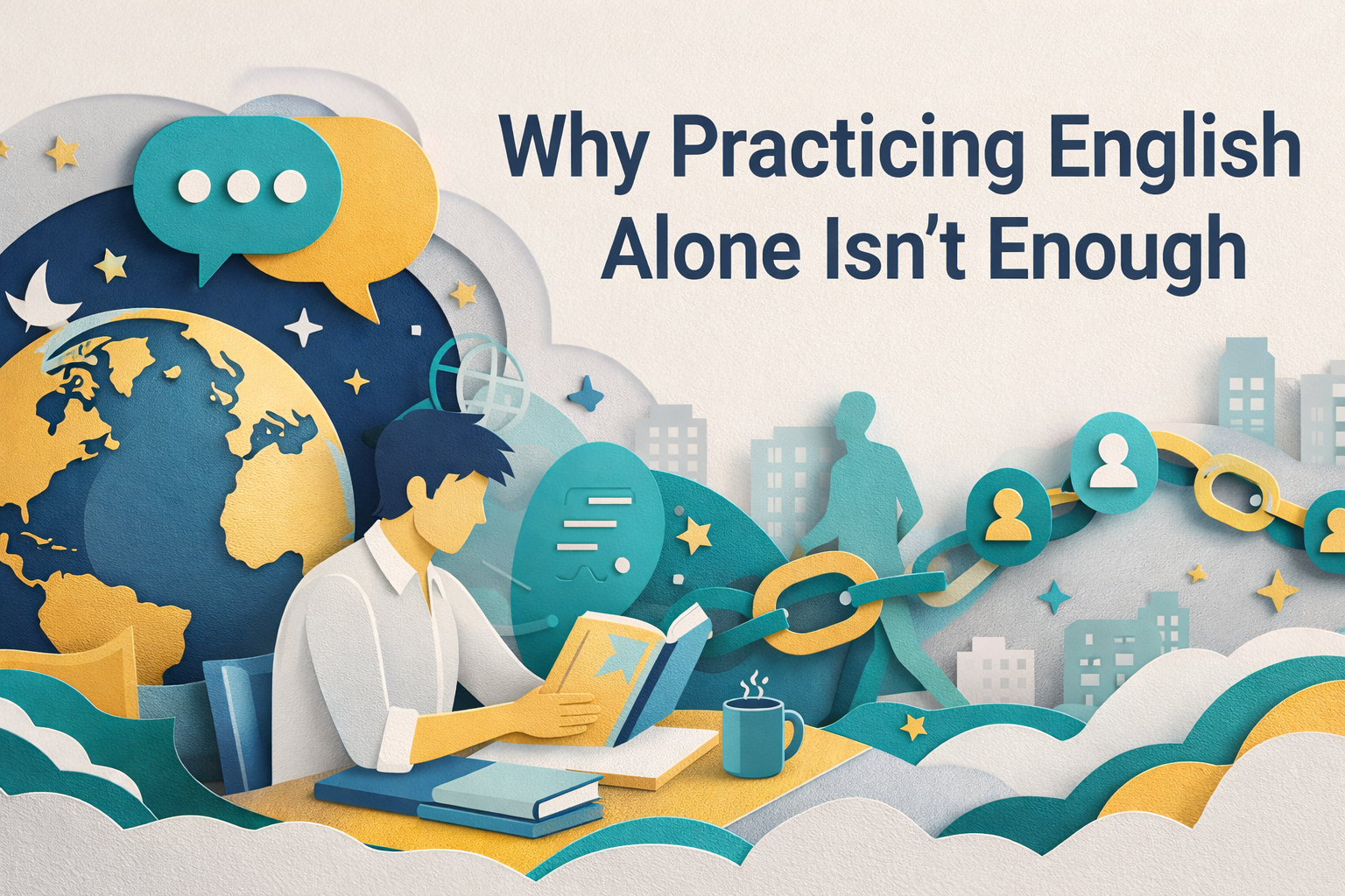 Wide 3D paper cut banner for practicing English alone, showing a professional studying solo while speech bubbles, linked people icons, and global connection visuals suggest that real English growth needs interaction with others.