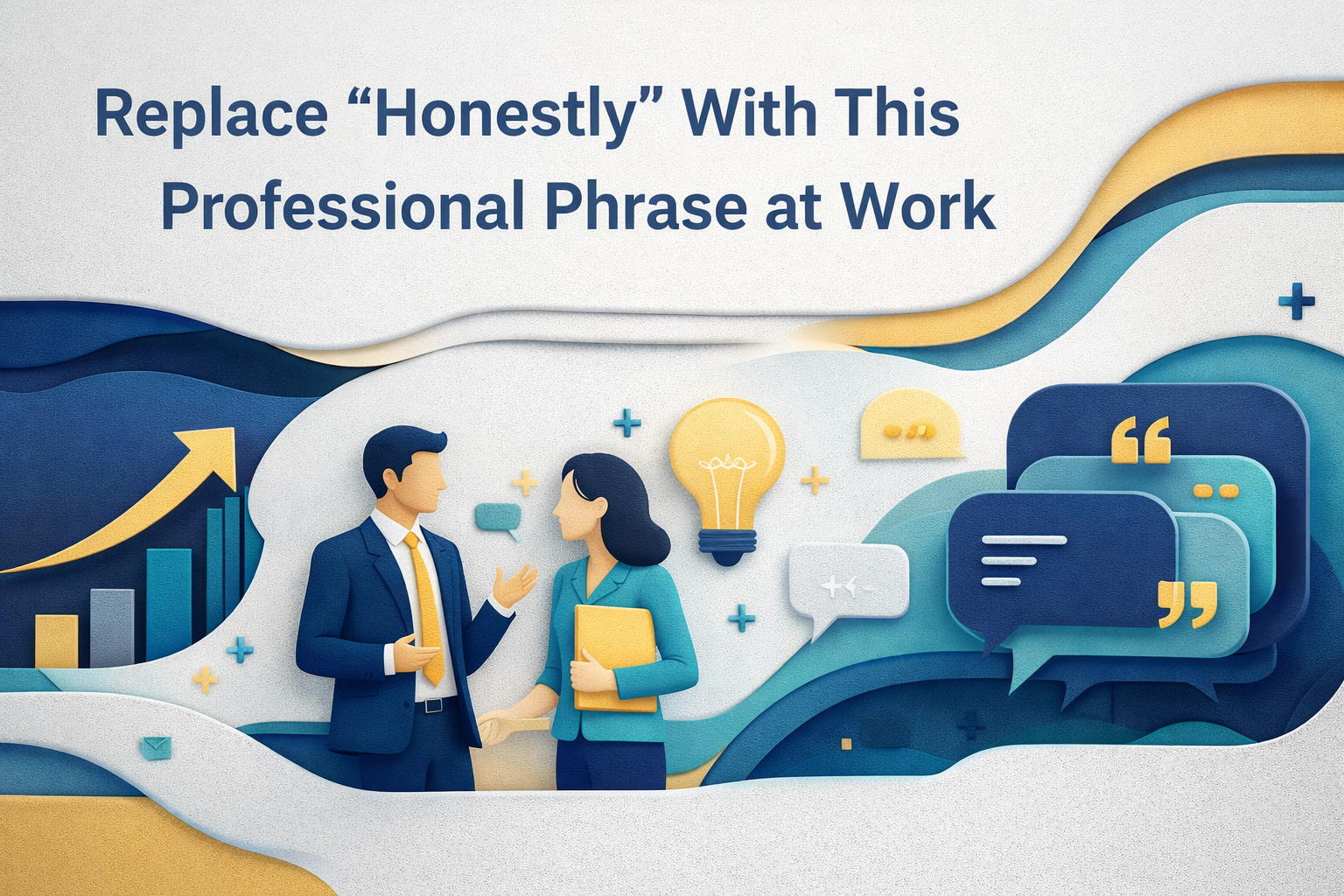 Wide 3D paper cut banner for a professional phrase at work, showing two professionals in conversation with speech bubbles, a lightbulb, and business growth visuals in navy, soft gold, teal, and light gray.