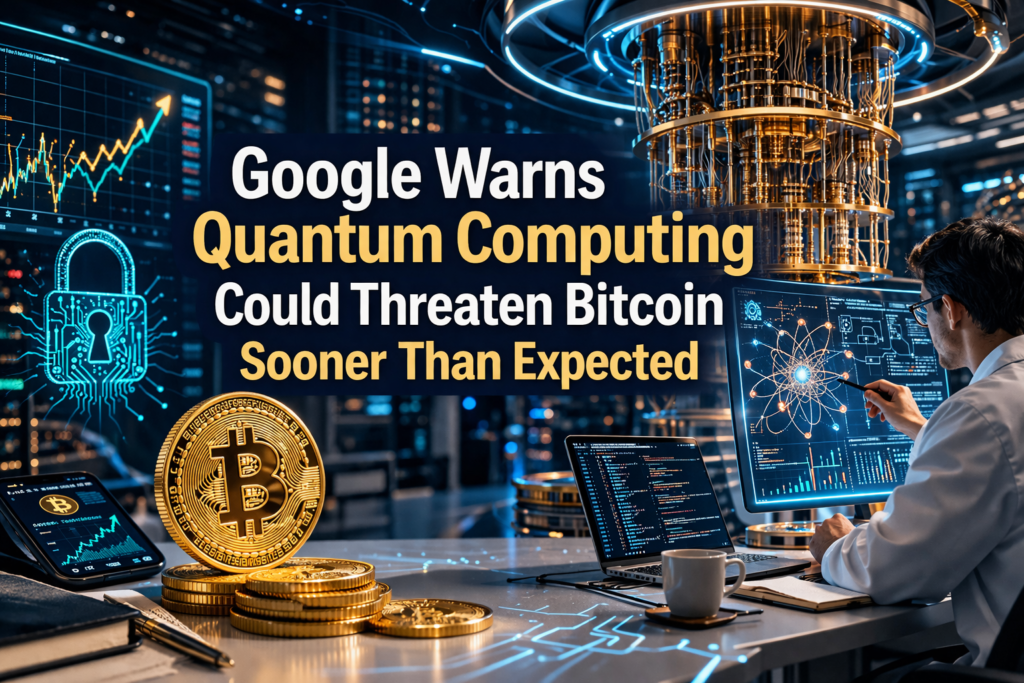 Wide technology banner illustrating the quantum computing risk for Bitcoin with a futuristic computing lab, cybersecurity visuals, and digital finance imagery.