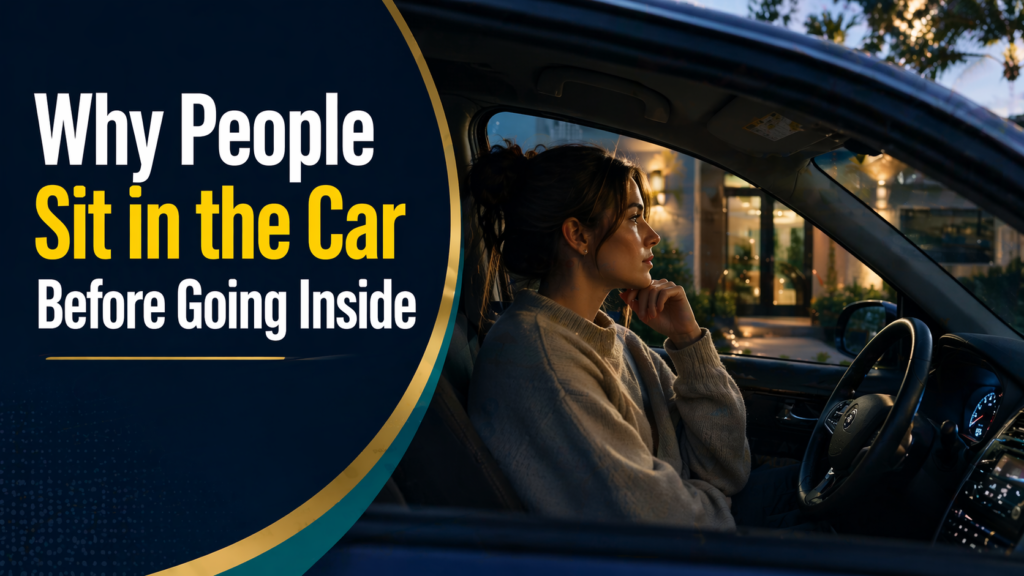 Wide lifestyle banner for sitting in the car, showing a quiet reflective moment in a parked car before going inside, with a calm editorial mood.