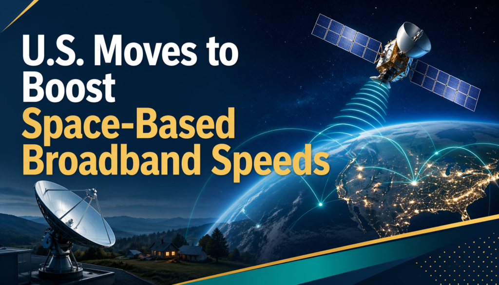 Wide banner for space-based broadband rules, showing a modern satellite internet and telecom scene with space connectivity visuals in a polished business editorial style.