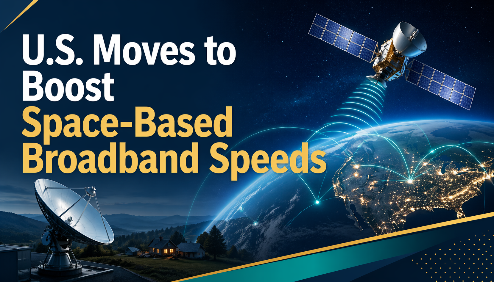 Wide banner for space-based broadband rules, showing a modern satellite internet and telecom scene with space connectivity visuals in a polished business editorial style.